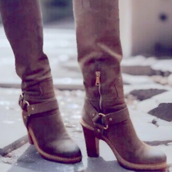 Rare PRADA Knee High Brown Suede Lug Sole Block Heel Harness Boots Size 7 - Picture 3 of 8